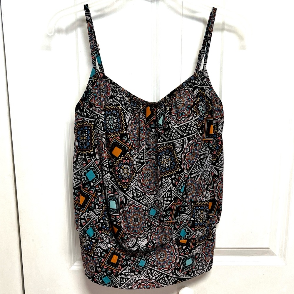 A Shore Fit Printed Spaghetti Strap Tankini Top Black with Teal & Tan Accents 10